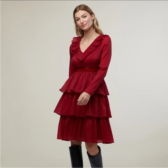 Rachel Parcell Dresses & Skirts - Rachel Parcell Burgundy Ruffled Tiered Midi Dress Long Sleeve V-Neck Size 4 NWT